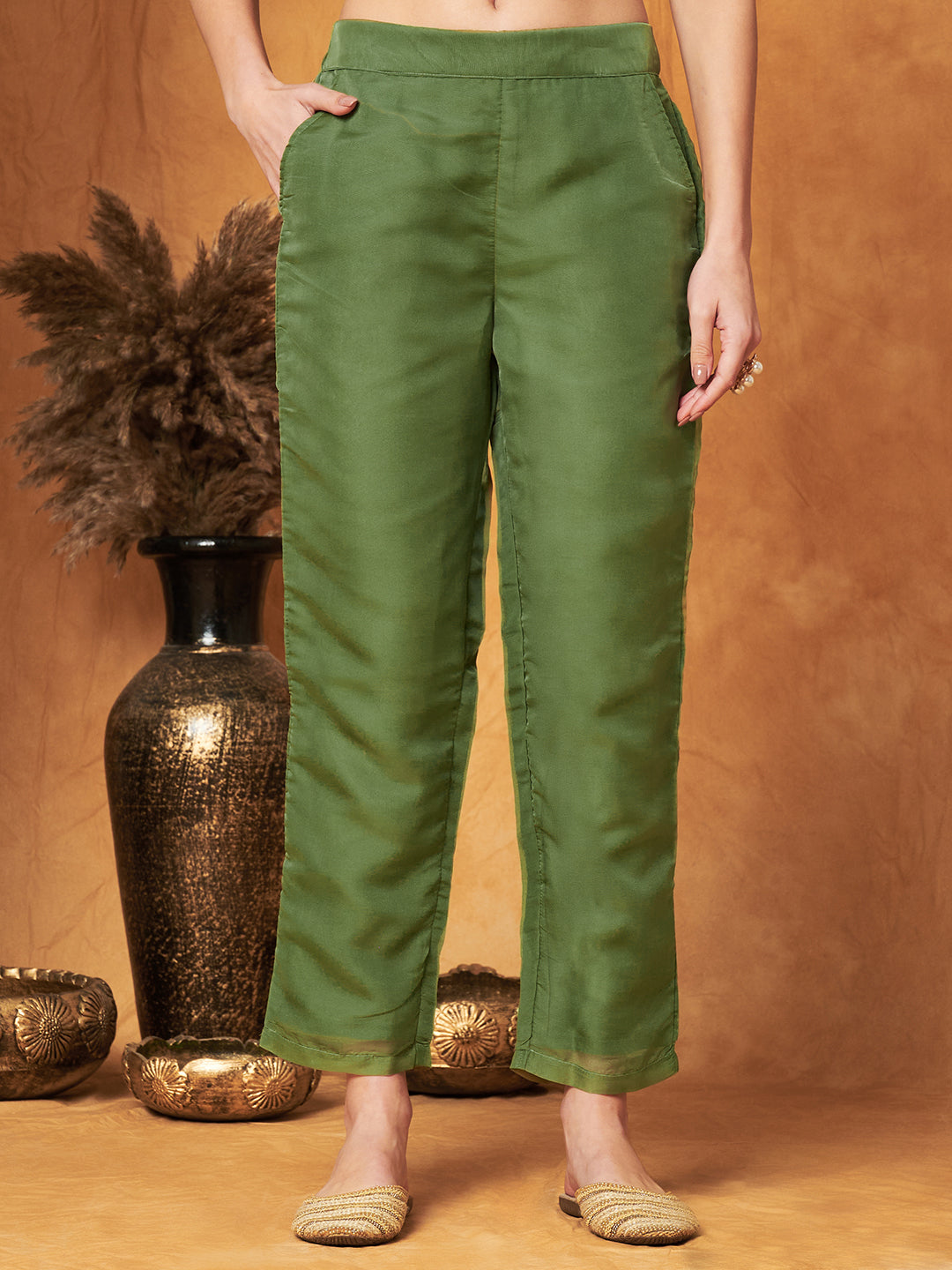 Elegant Embroidered Tisssu Chanderi Kurta with Pant & Dupatta Set
