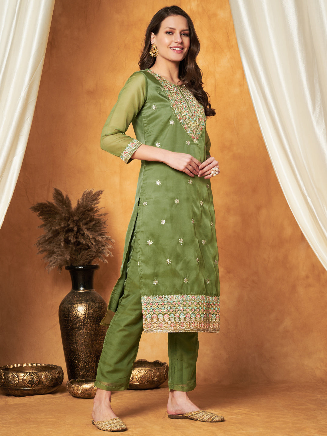 Elegant Embroidered Tisssu Chanderi Kurta with Pant & Dupatta Set
