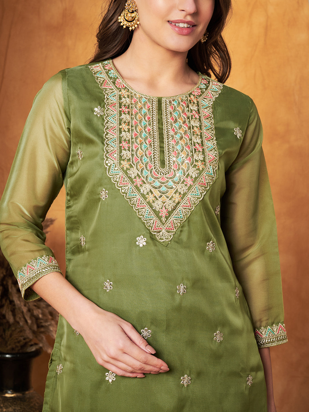 Elegant Embroidered Tisssu Chanderi Kurta with Pant & Dupatta Set