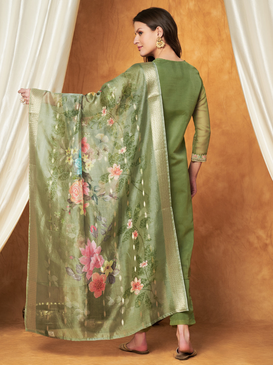 Elegant Embroidered Tisssu Chanderi Kurta with Pant & Dupatta Set
