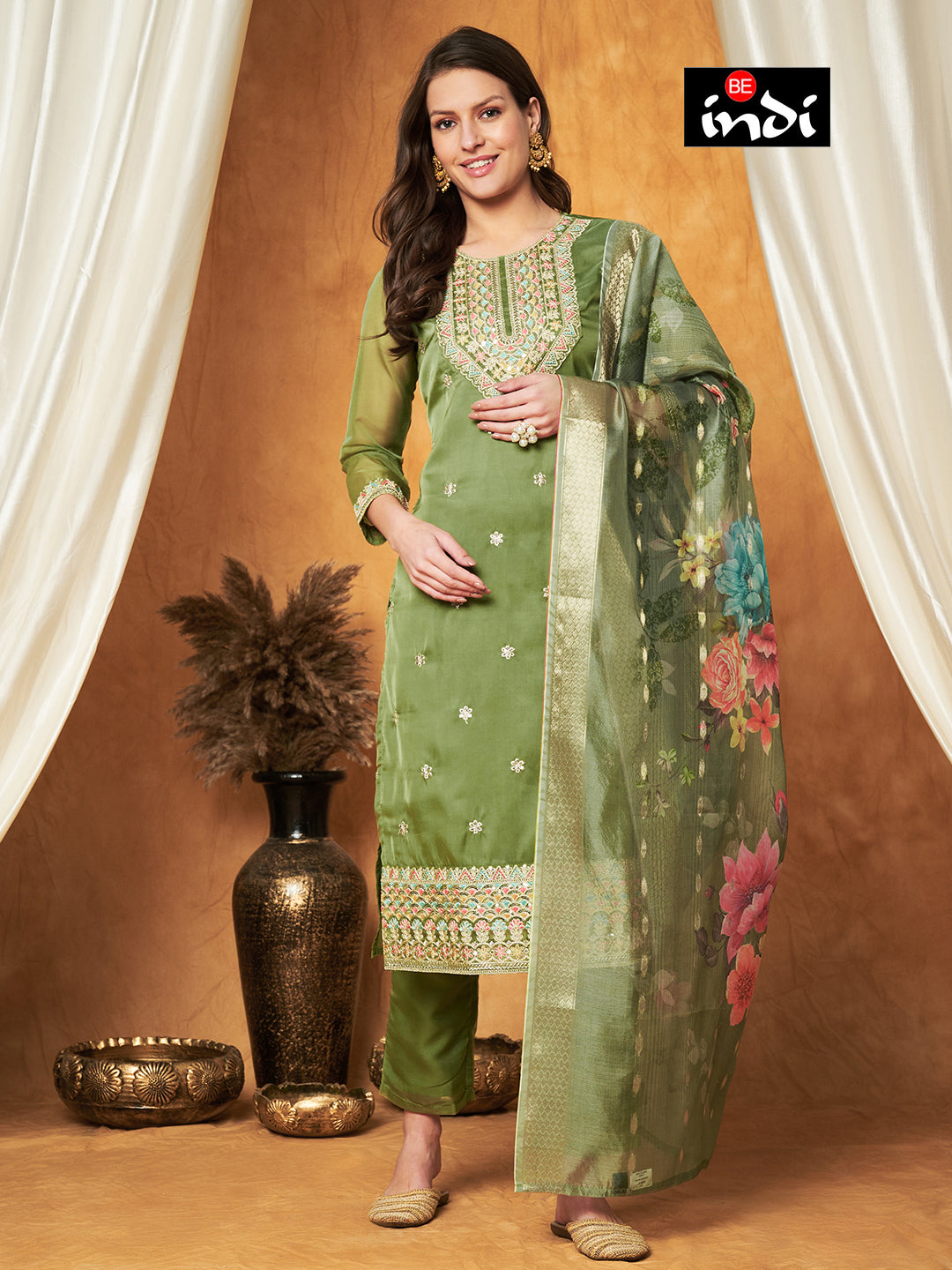 Elegant Embroidered Tisssu Chanderi Kurta with Pant & Dupatta Set