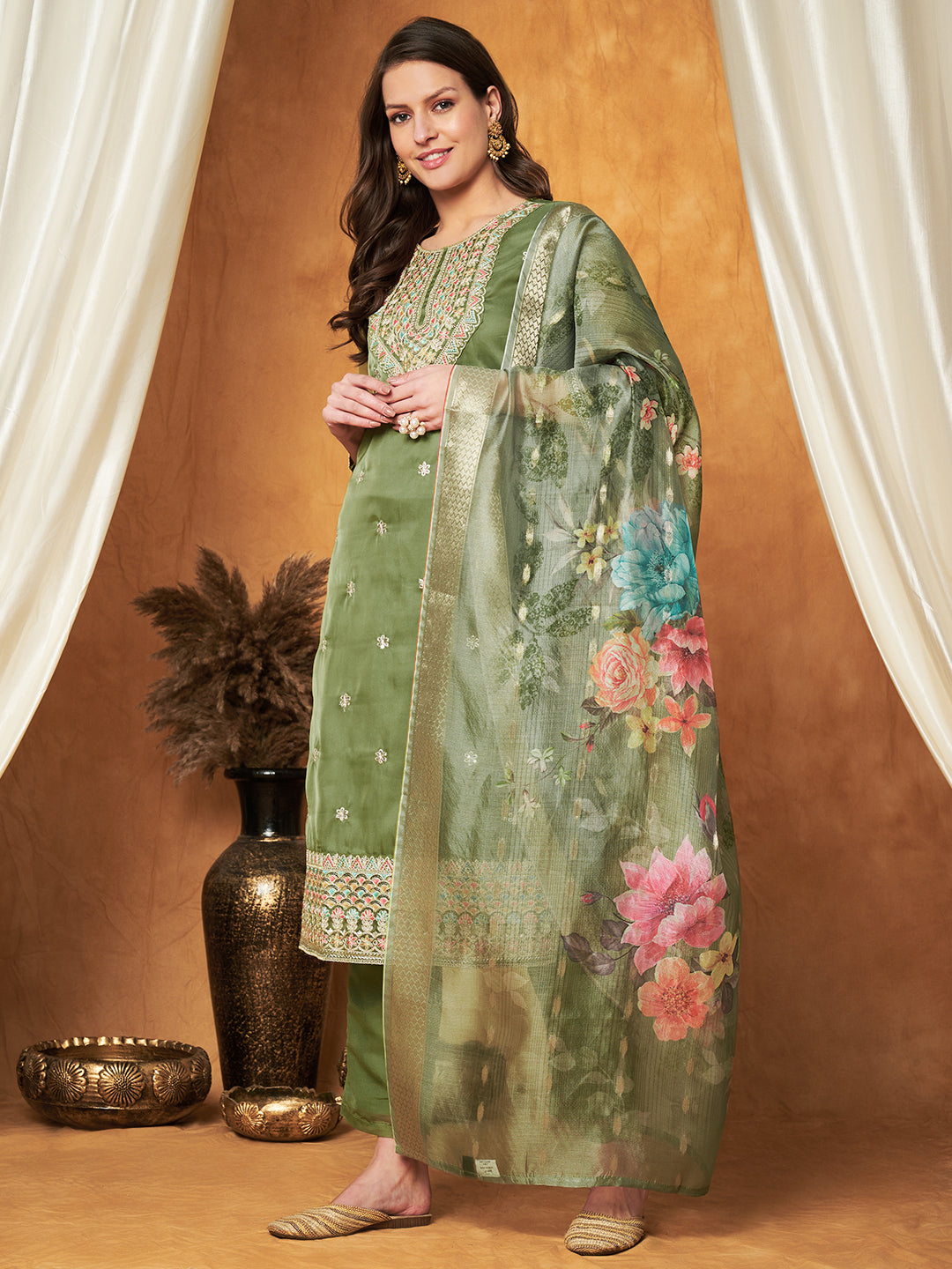 Elegant Embroidered Tisssu Chanderi Kurta with Pant & Dupatta Set