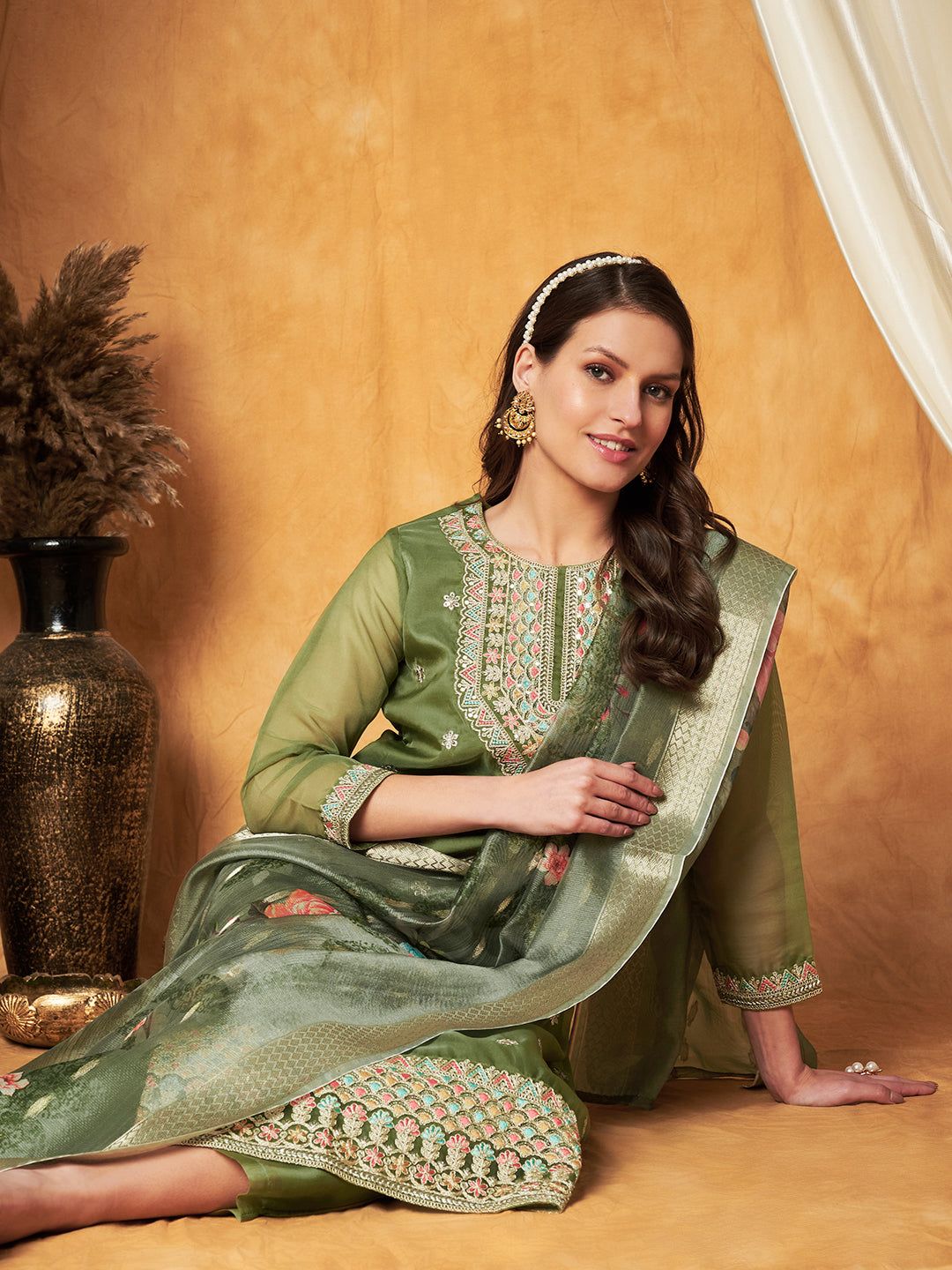 Elegant Embroidered Tisssu Chanderi Kurta with Pant & Dupatta Set