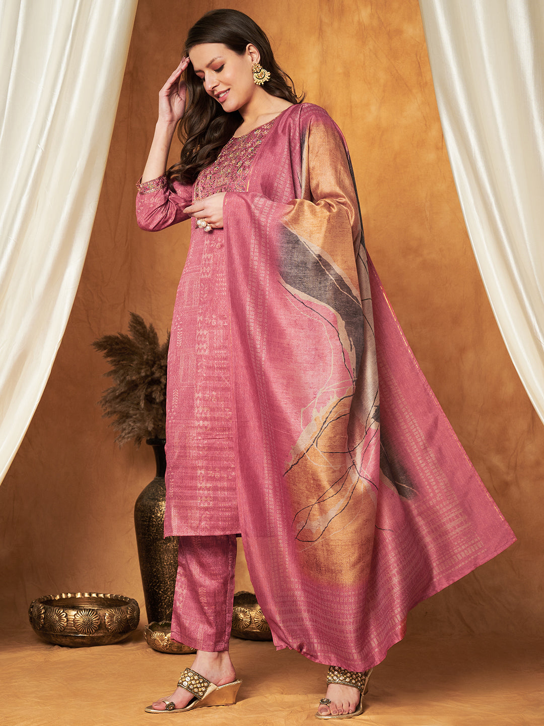 Embroidered Kurta with Pant & Dupatta Set