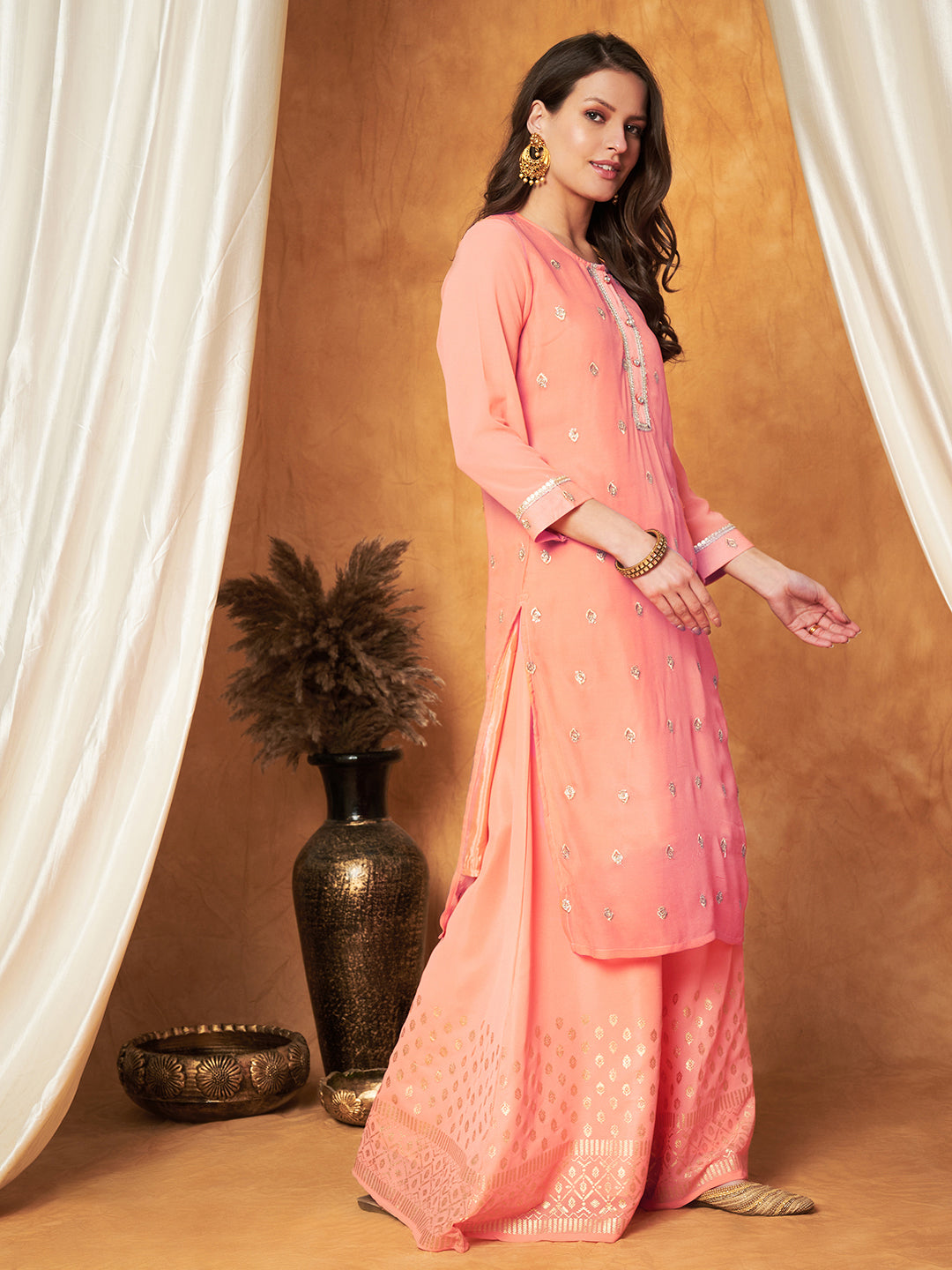 Embroidered Sharara Set with Kurta & Dupatta