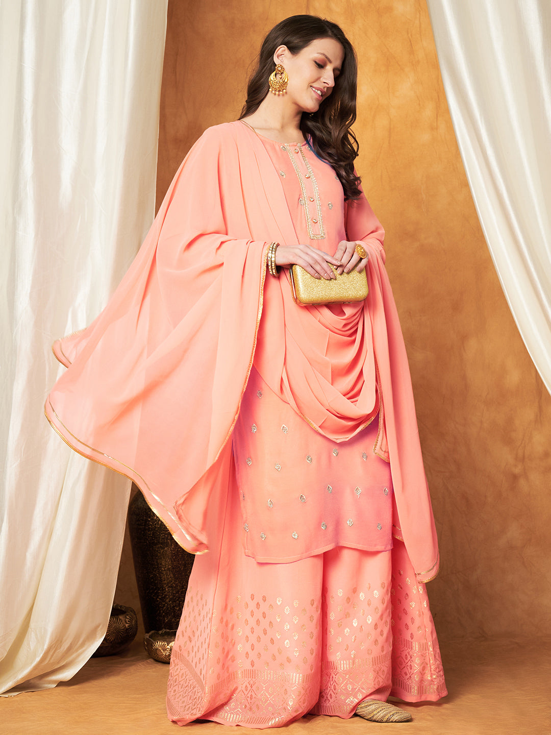 Embroidered Sharara Set with Kurta & Dupatta