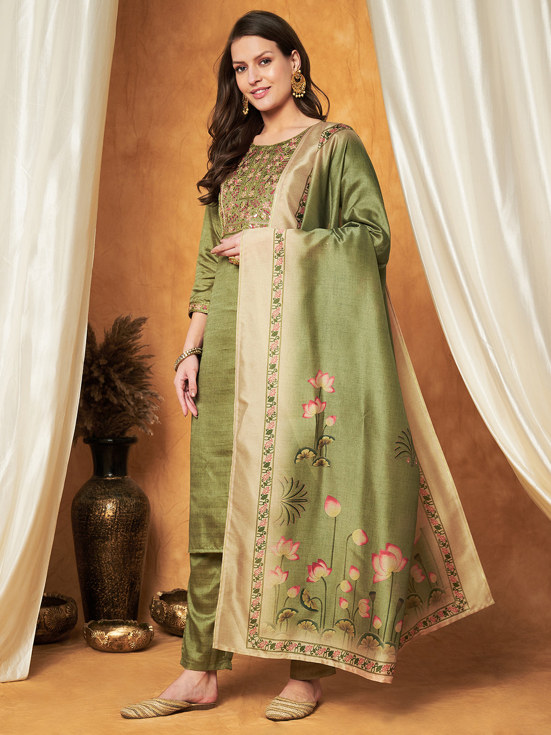 Embroidered Kurta with Pant & Dupatta Set