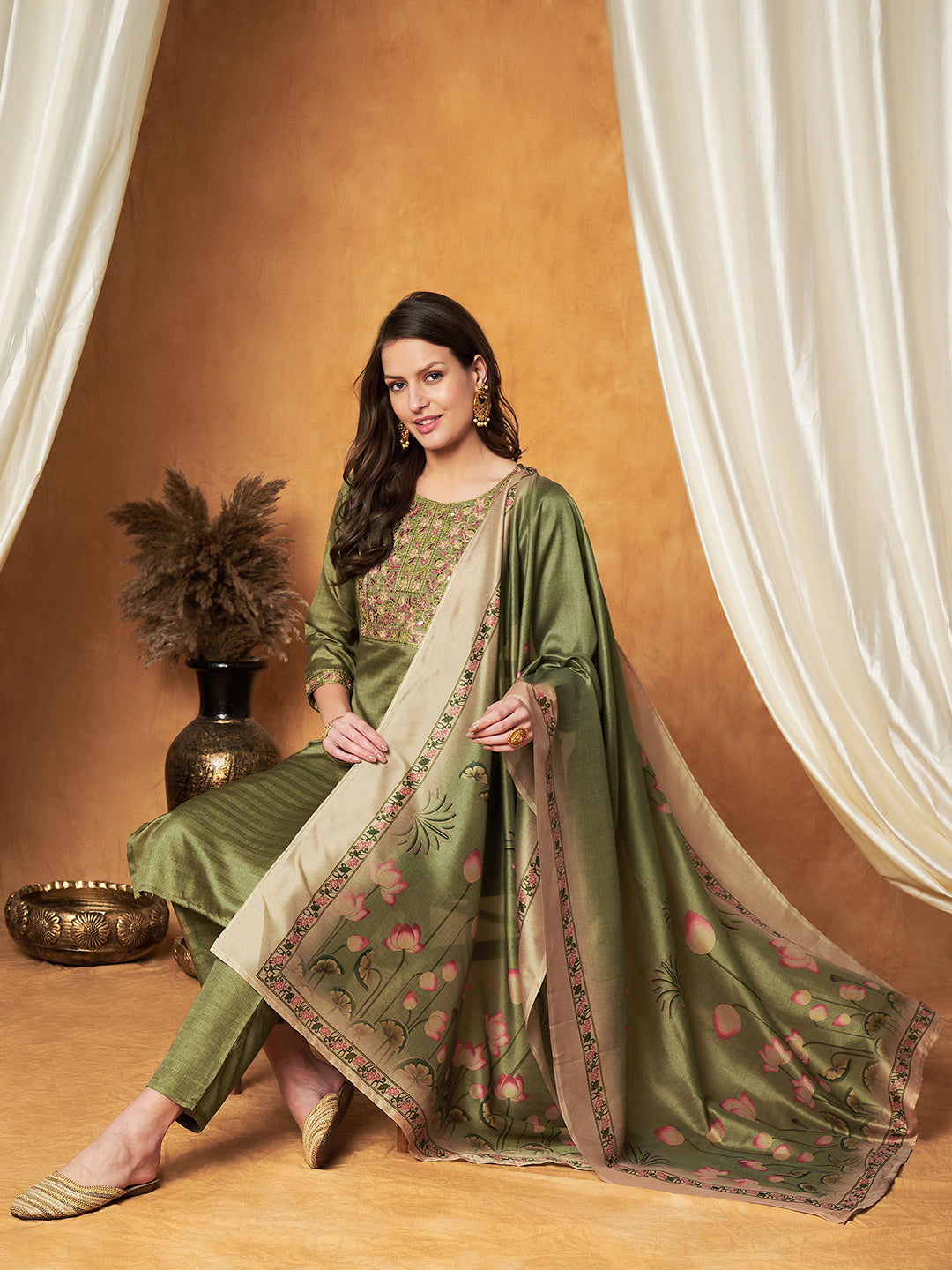 Embroidered Kurta with Pant & Dupatta Set