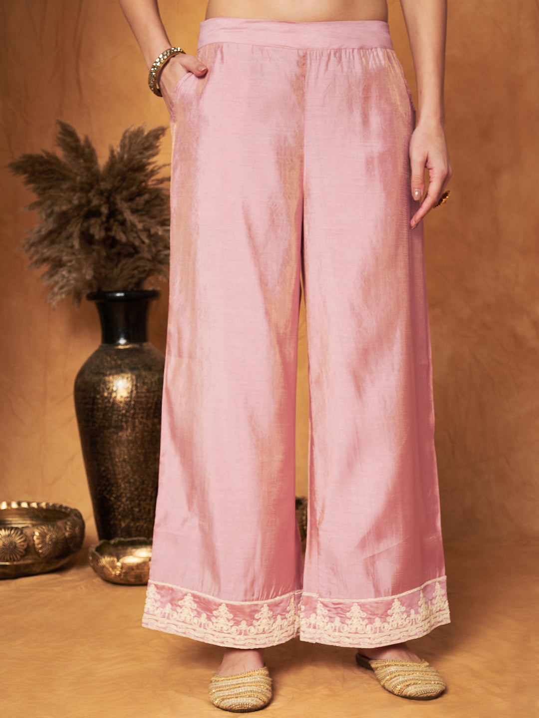 Embroidered Chanderi Kurta with Plazzo & Dupatta Set