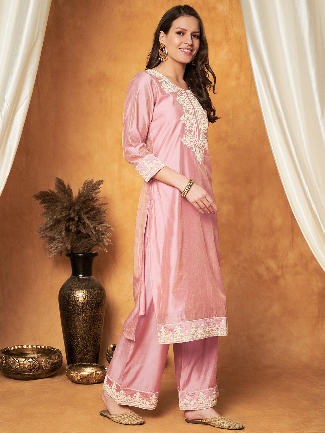Embroidered Chanderi Kurta with Plazzo & Dupatta Set