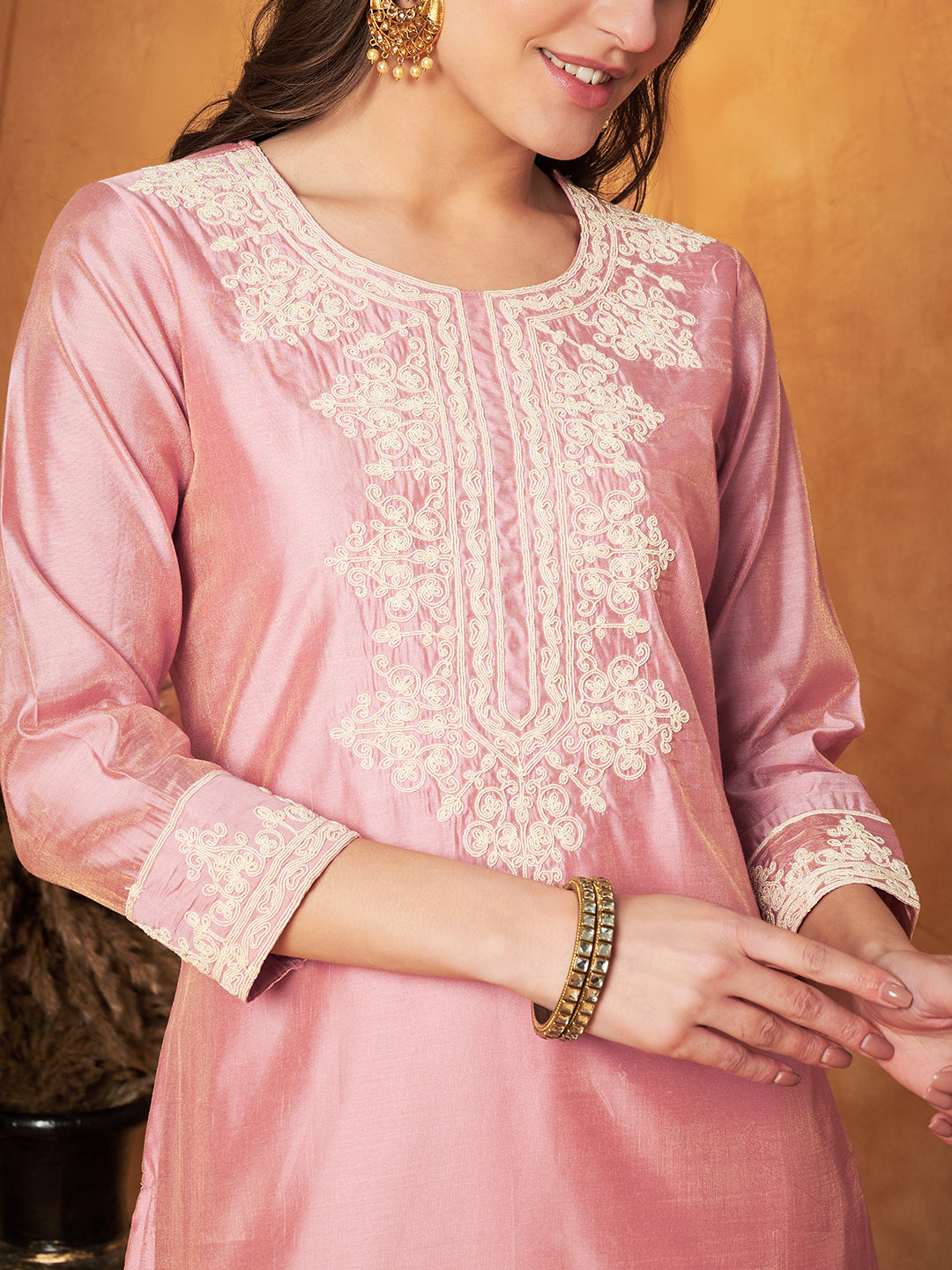 Embroidered Chanderi Kurta with Plazzo & Dupatta Set