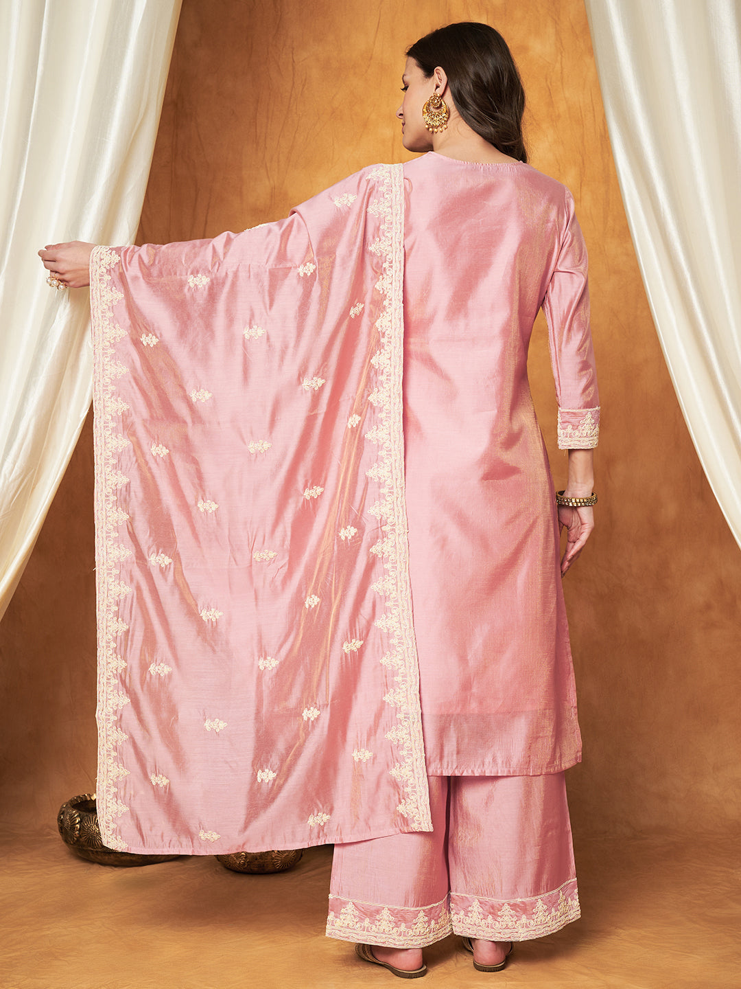 Embroidered Chanderi Kurta with Plazzo & Dupatta Set