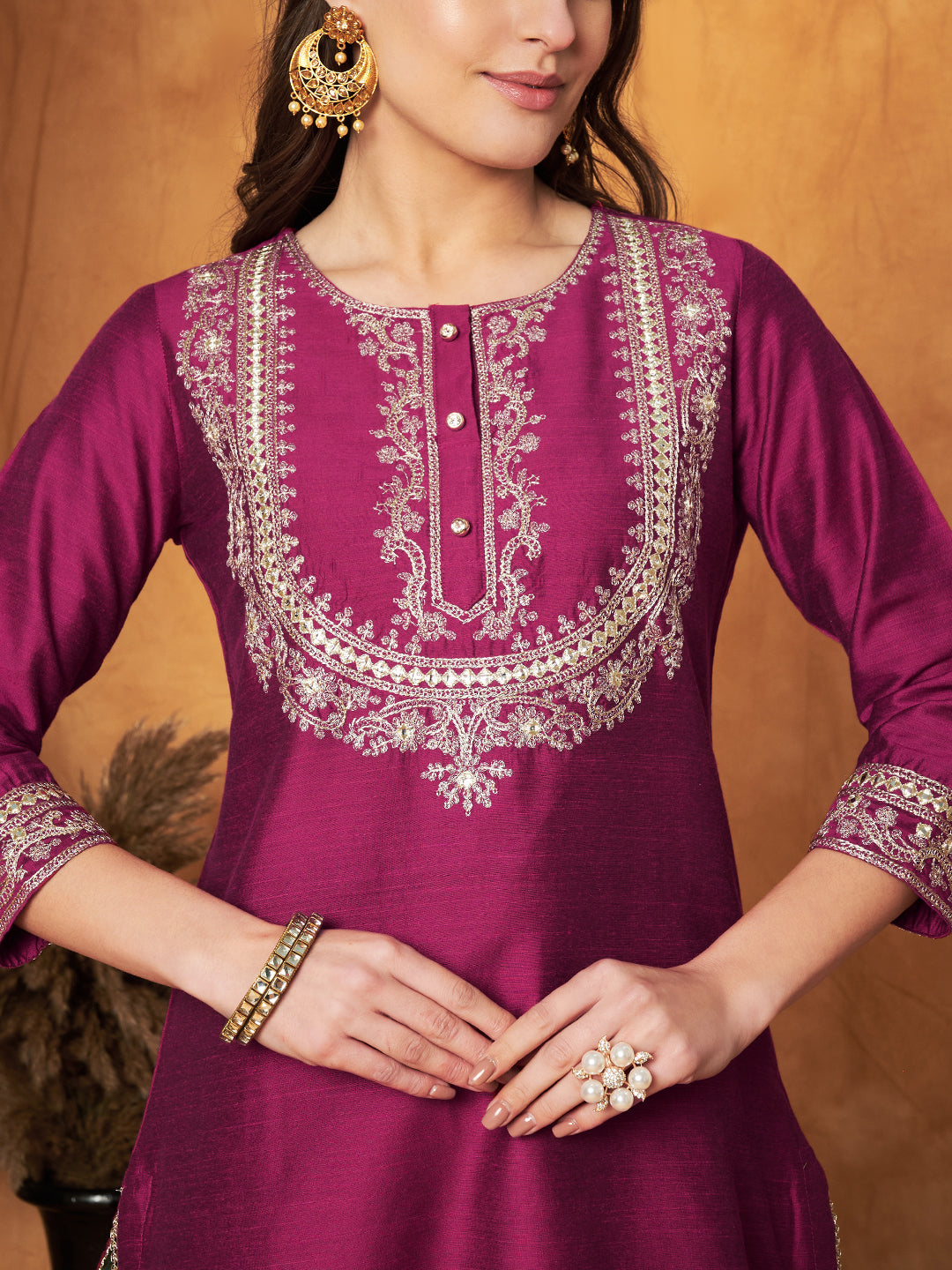 Embroidered Kurta with Plazzo & Dupatta Set