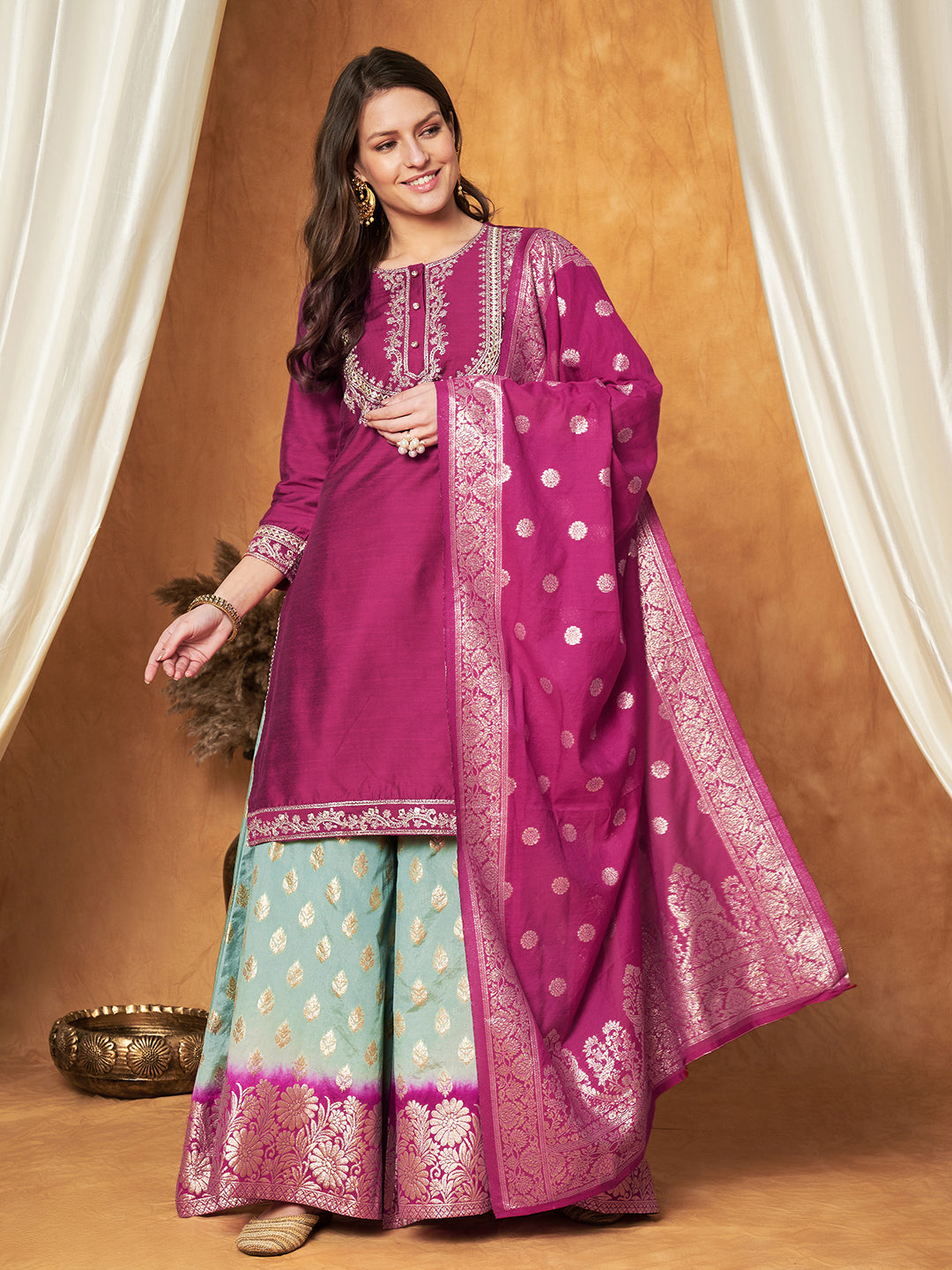 Embroidered Kurta with Plazzo & Dupatta Set