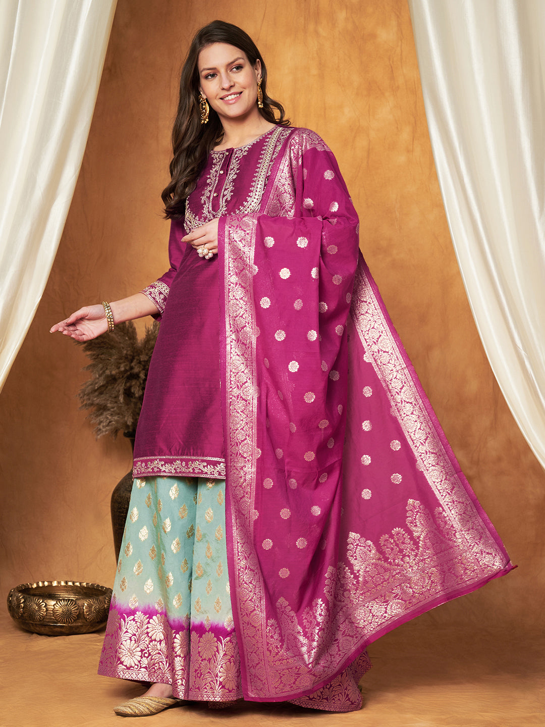 Embroidered Kurta with Plazzo & Dupatta Set