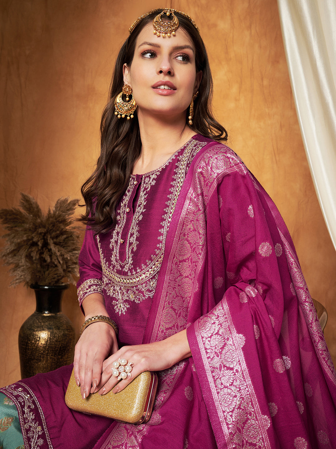 Embroidered Kurta with Plazzo & Dupatta Set