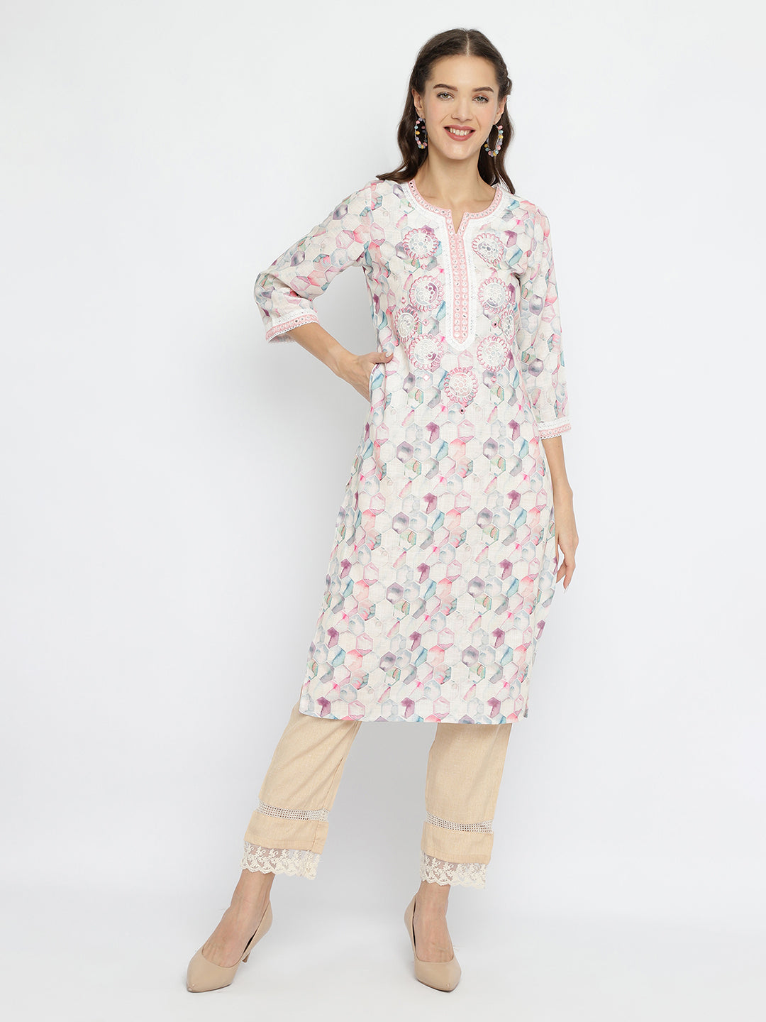 Women Off White geometrical printed embroidered kurta.