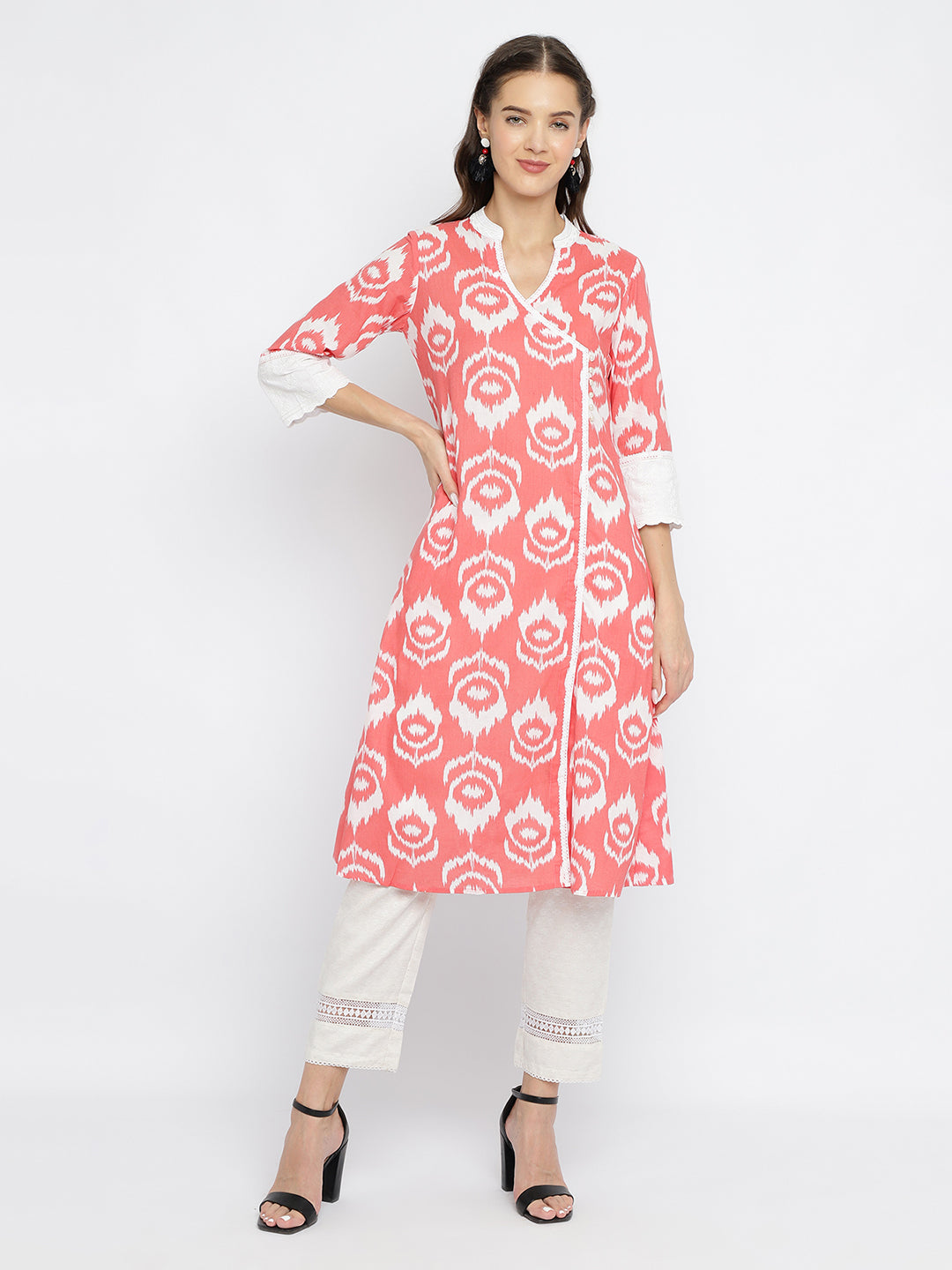 Women Colar Ikat Printed Embroidered Angarkha Kurta.