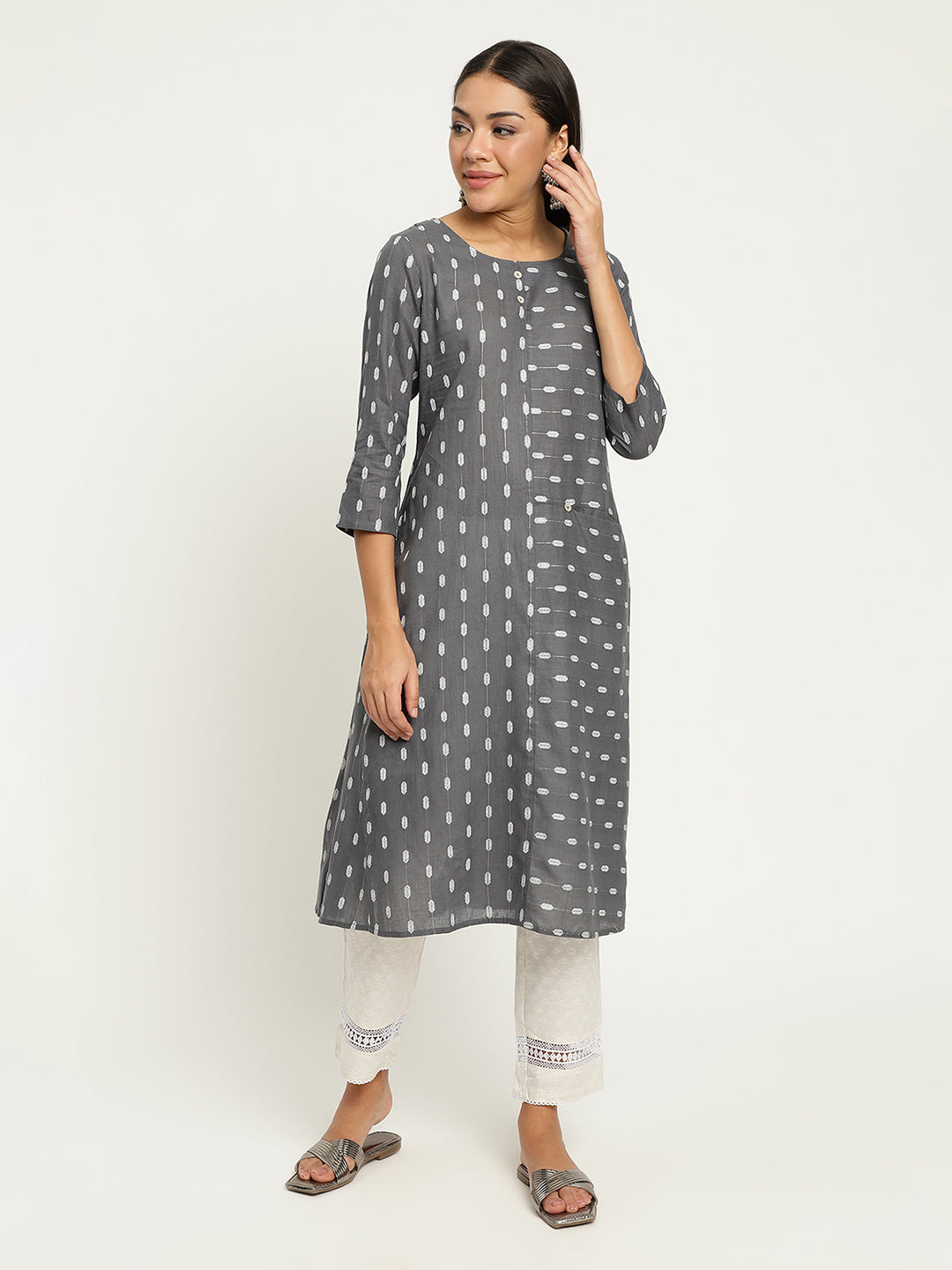 Women Grey Dobby A-Line kurta.