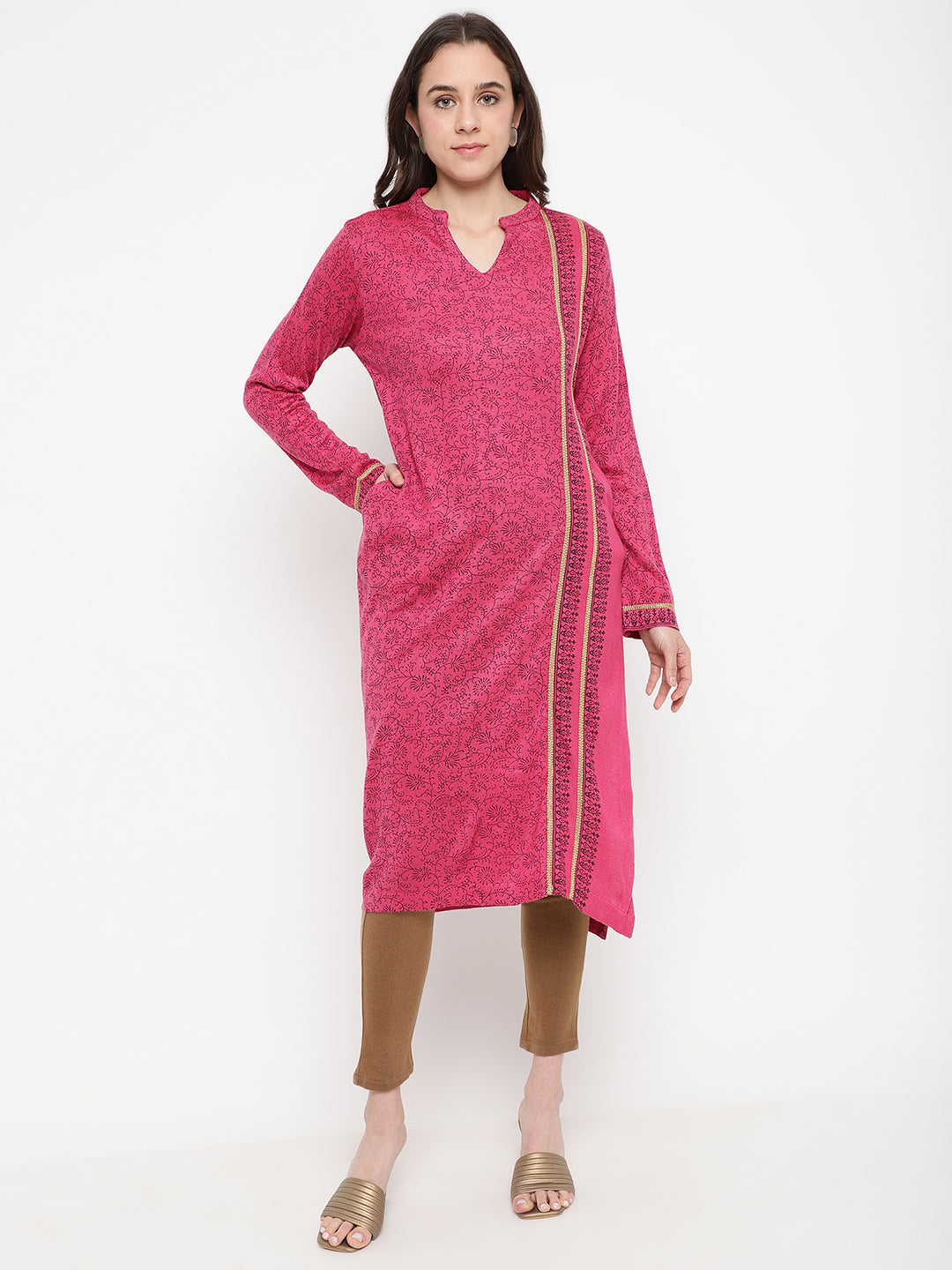 Be Indi Women Woolen Pink Printed Kurta.