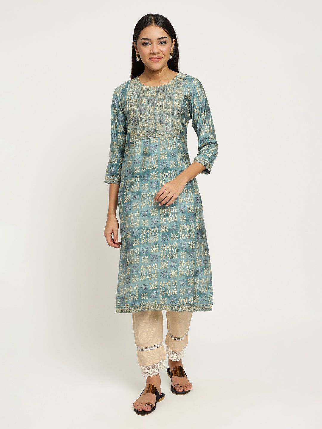 Aqua Embroidered Foil Printed kurta