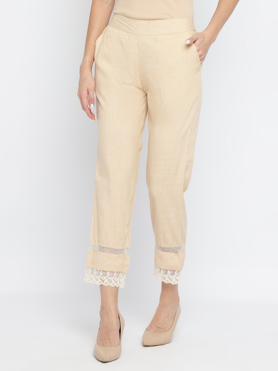 Be Indi Women Beige Straight Fit Trousers