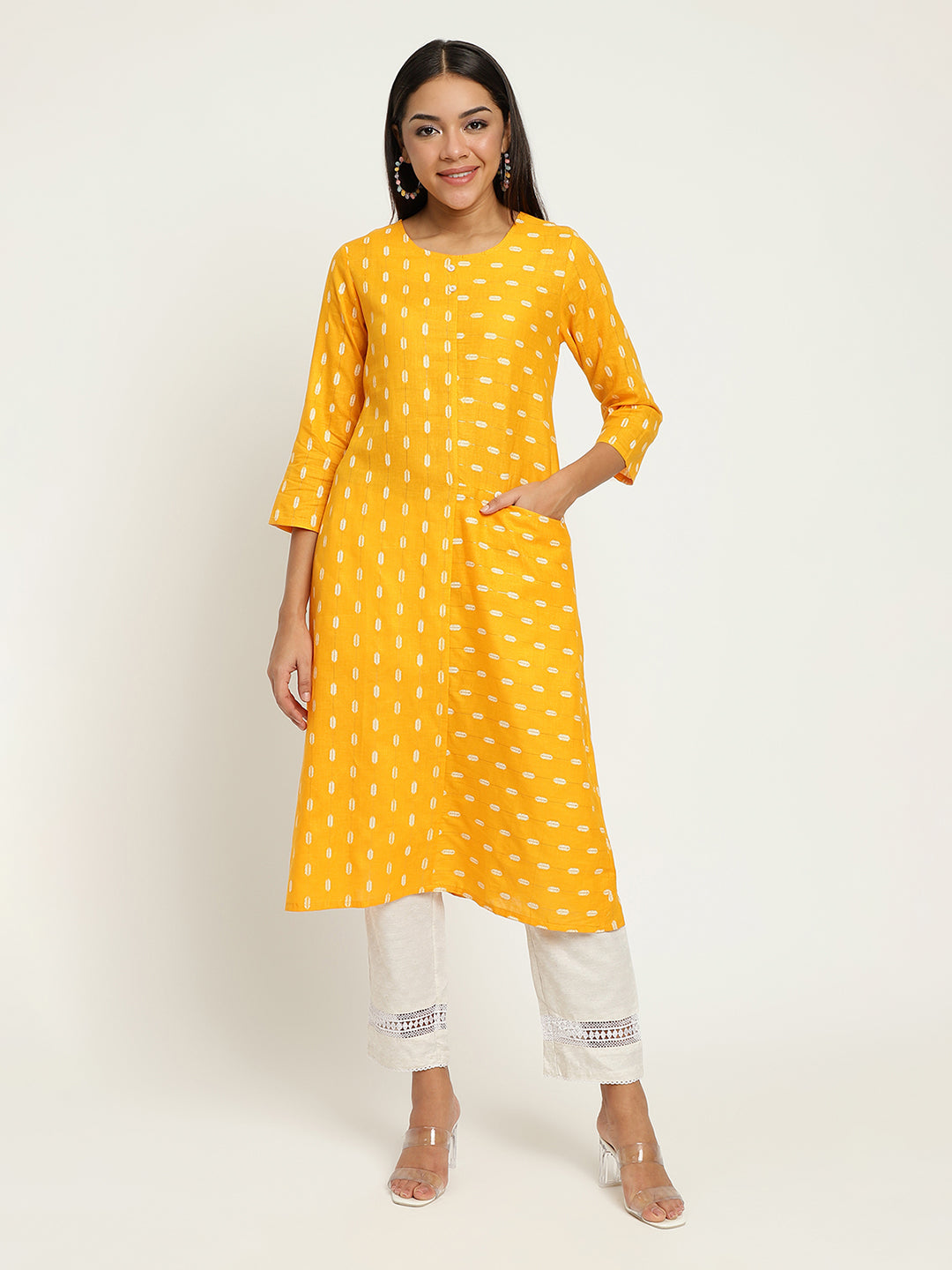 Women Yellow Dobby A-Line kurta