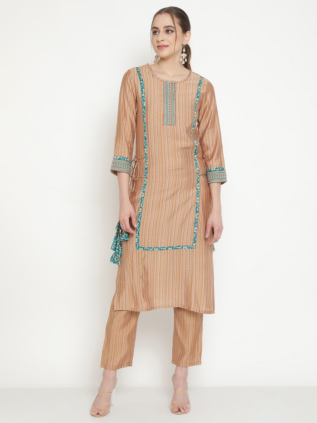 Brown Geometrical Kurta With Trosure.