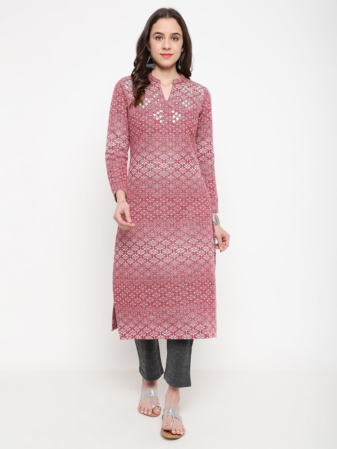 Be Indi Women Woolen Red Self Design Kurta