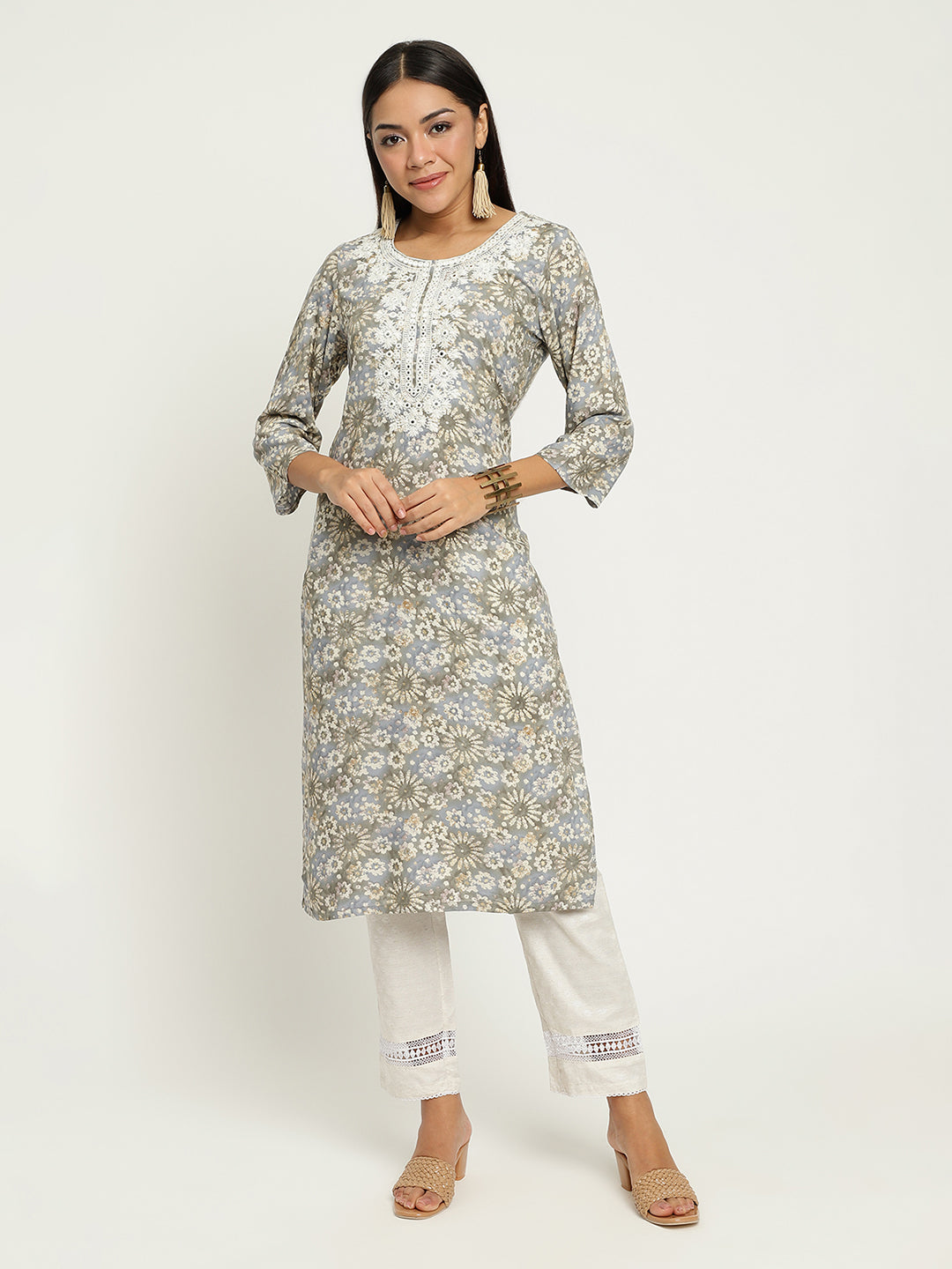 Grey Embroidered Foil Printed kurta