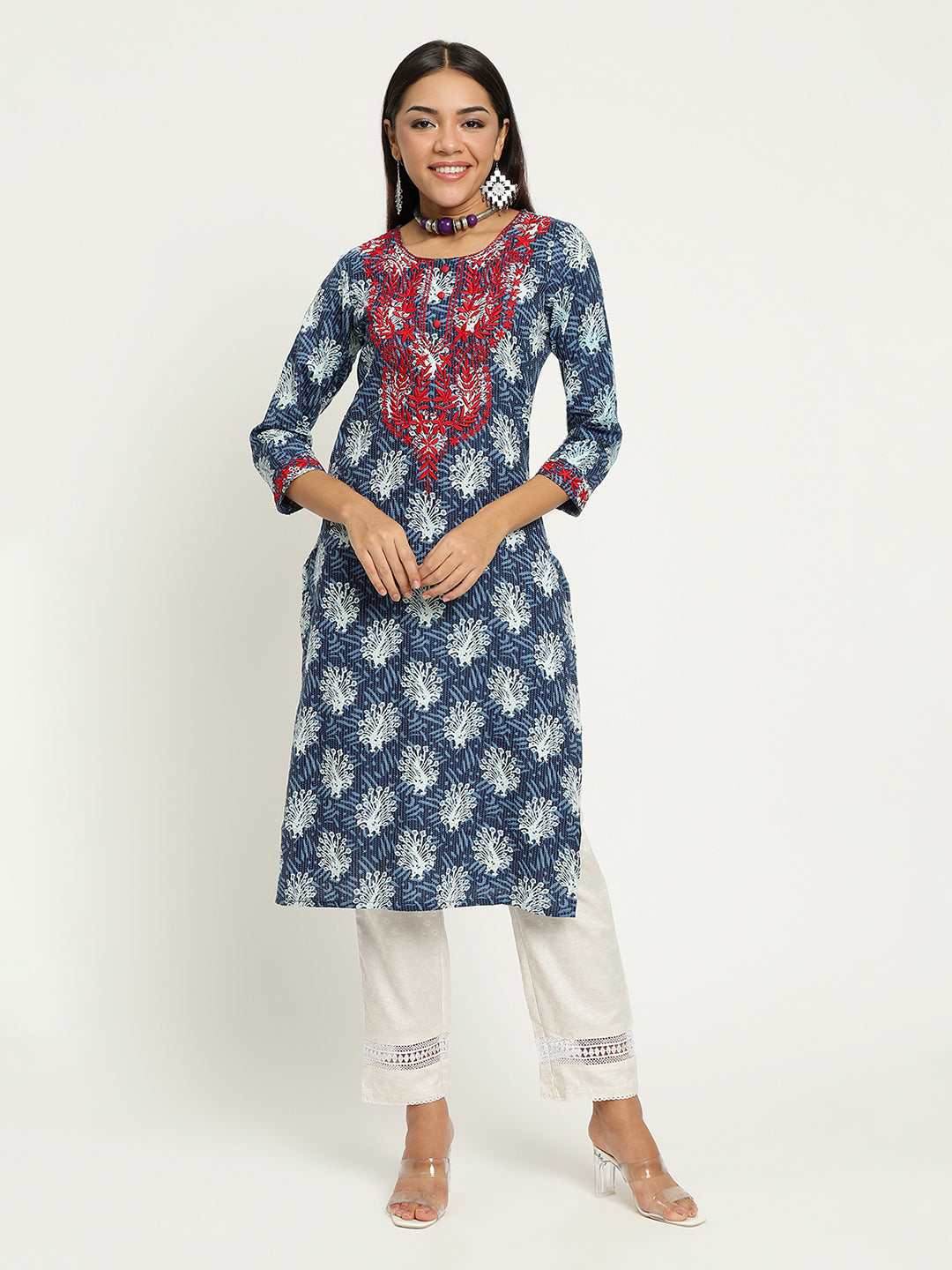 Blue Block Printed Embroidered Kurta.