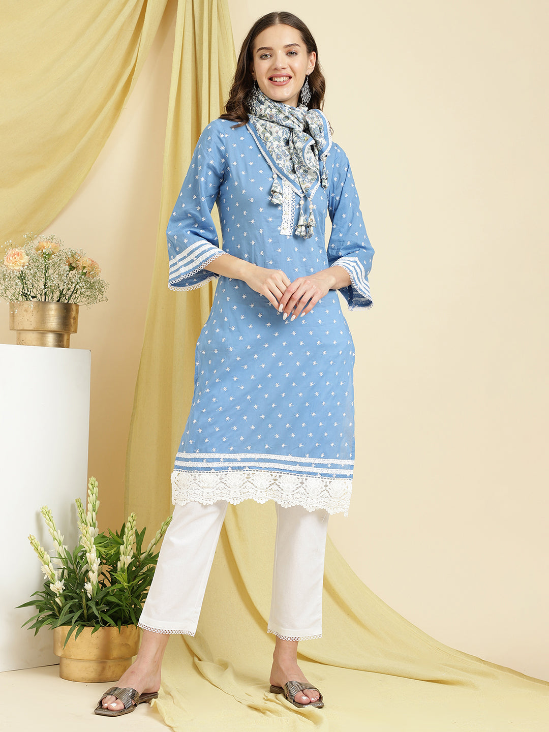 Blue Embroidered Kurta with Pant & With Scarf.