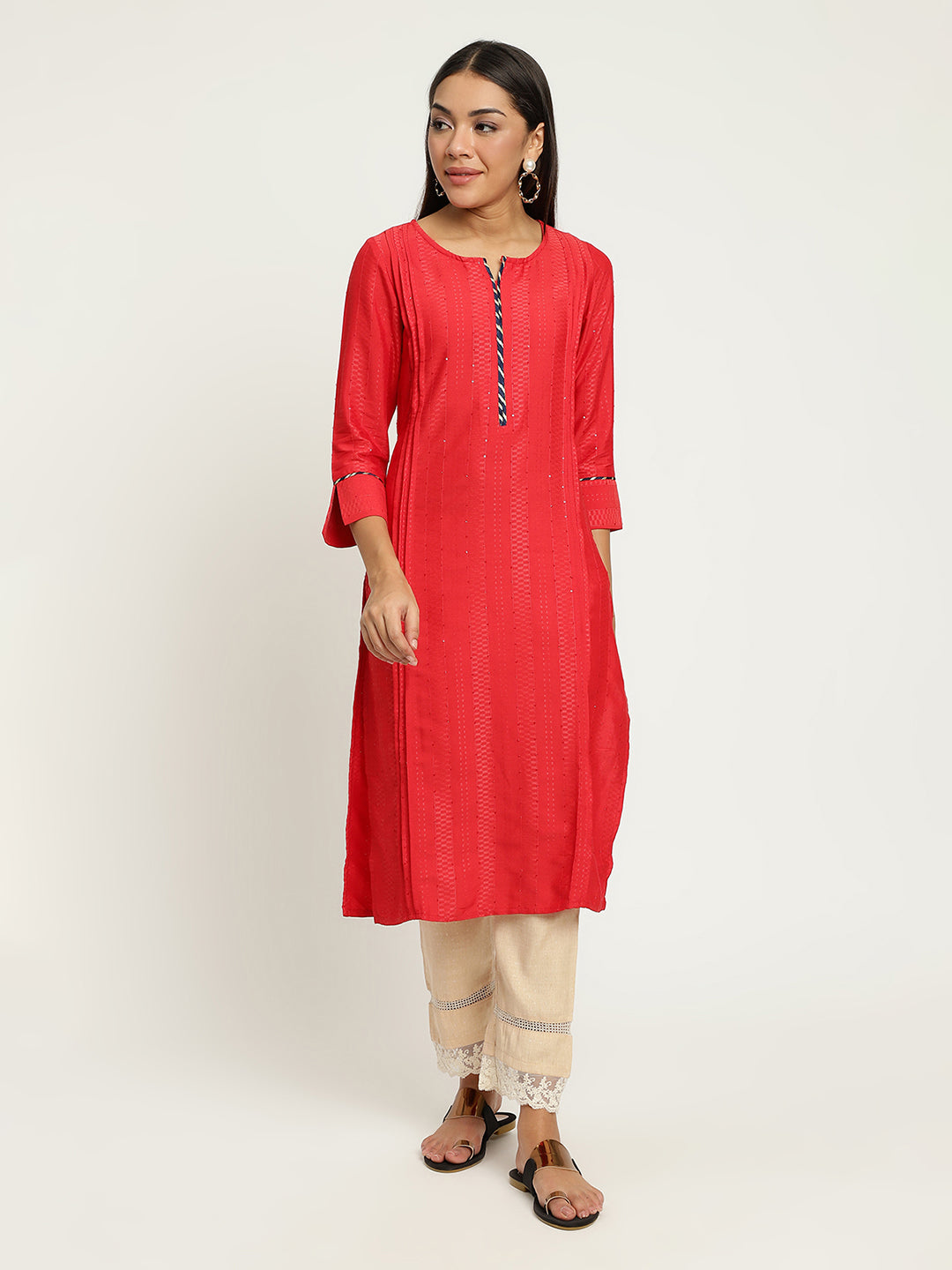 Women Red Pin-Tuck Kurta