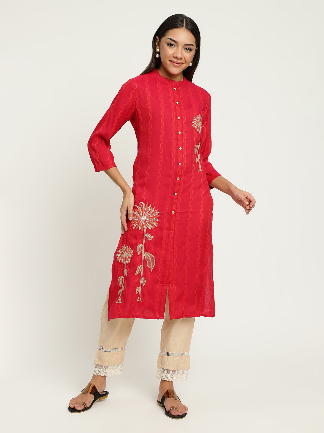 Women Red Embroidered Kurta.