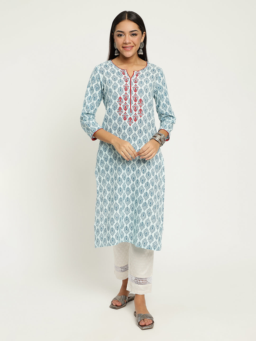 Aqua Block Printed Embroidered Kurta.