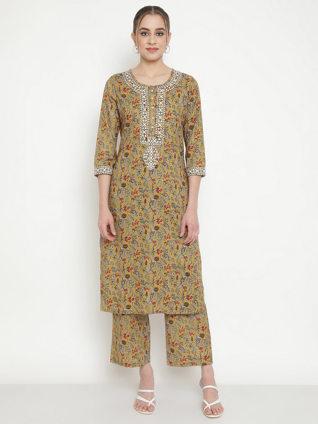 Olive Green Embroidered kurta With trouser