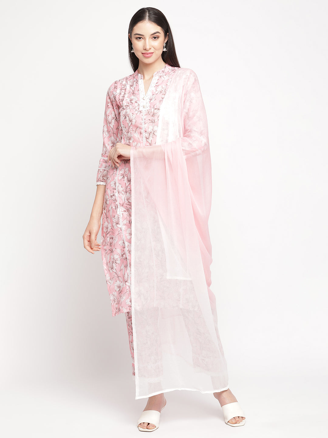 Floral Printed  Pink Pintuck Kurta With Pant & With Dupatta