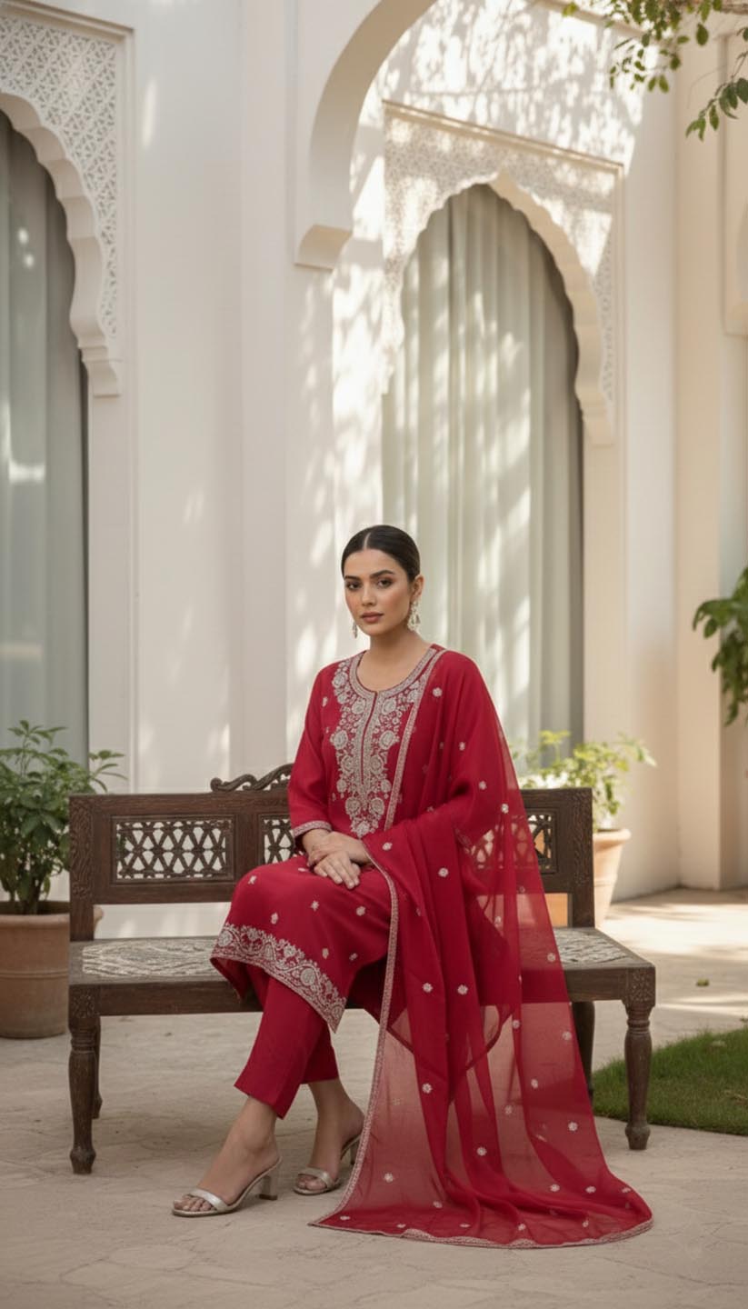 The Elegance Fuschia Embroidered Kurta Set