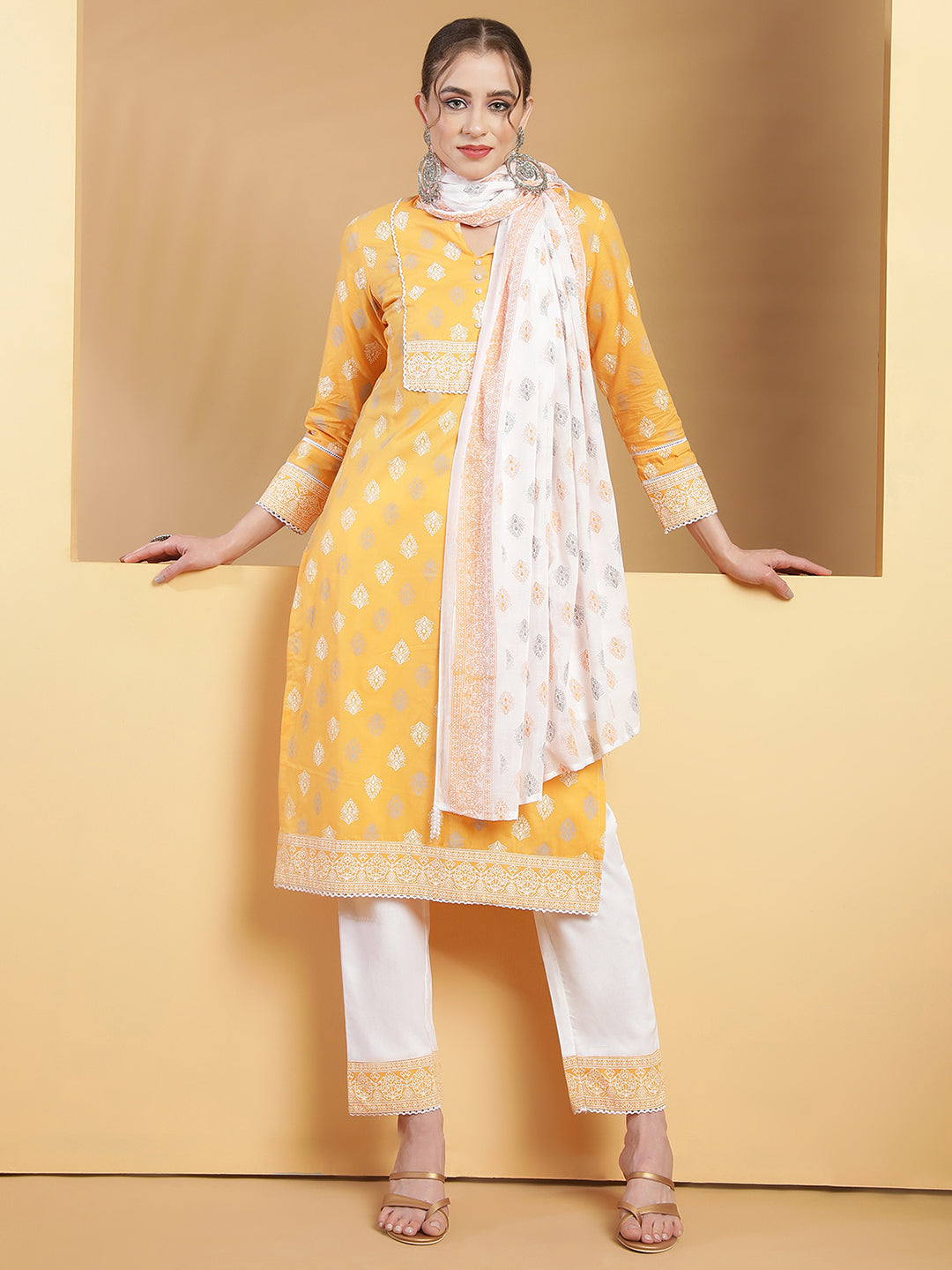 Yellow Ethnic Motif Printed Kurta With Pant & With Dupatta.