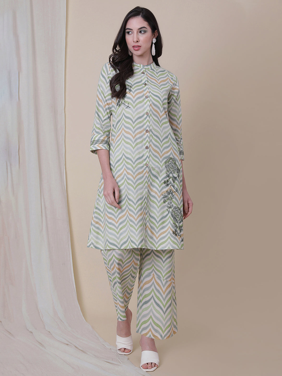 Green Embroidered A-Line Kurta With Palazzo.