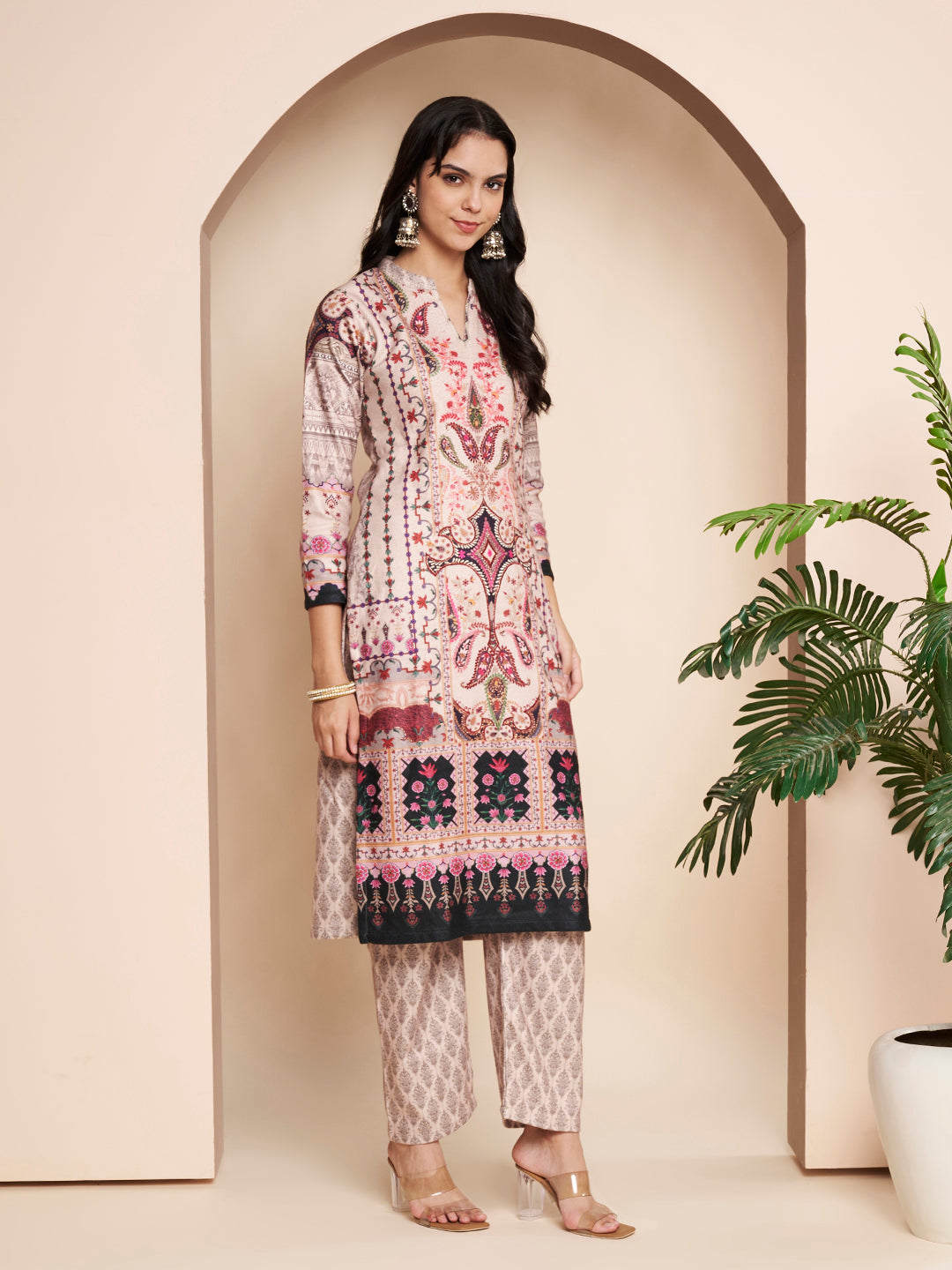 Winter Printed Handwork Kurta with Pant & Shawl