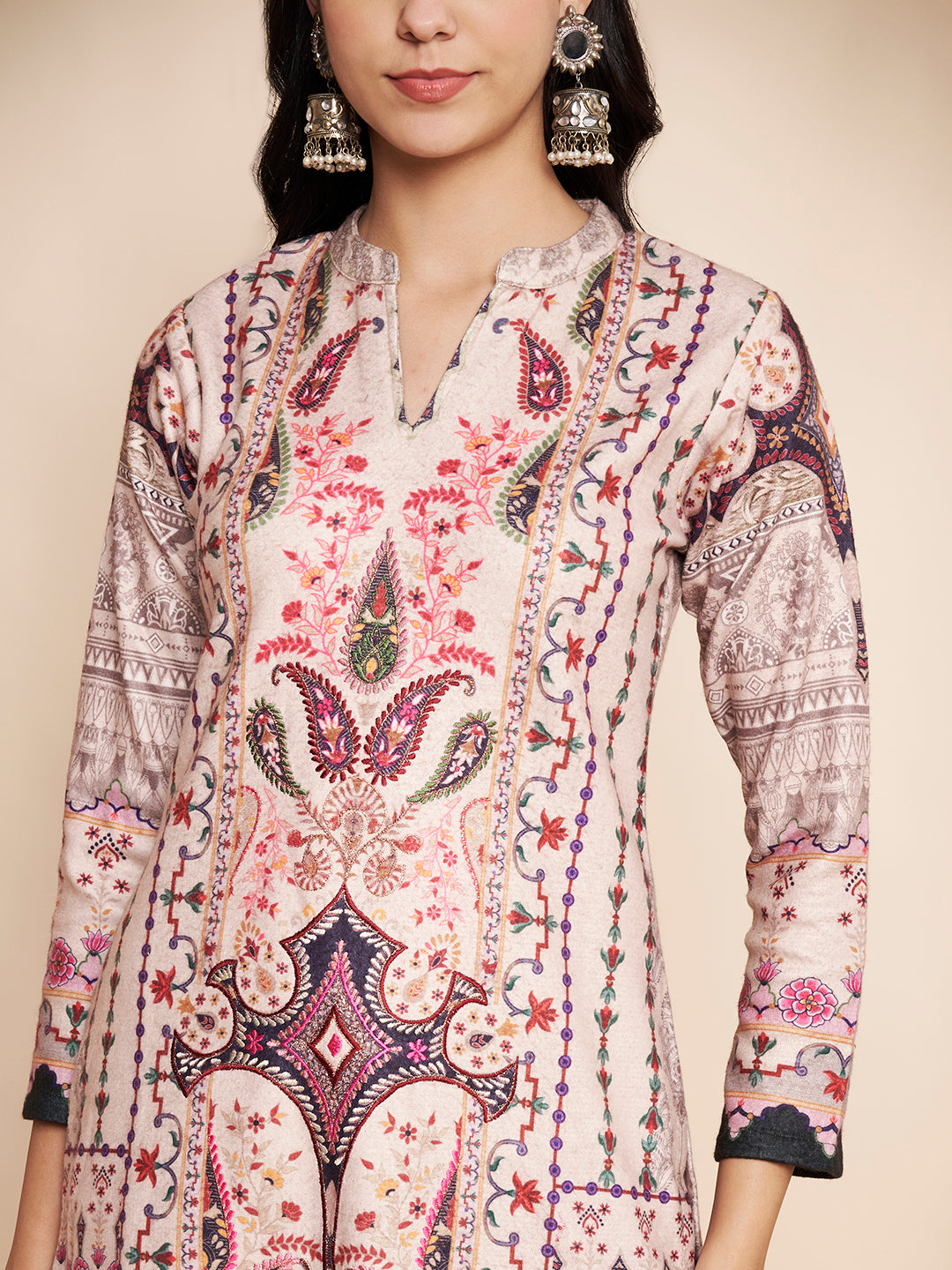 Winter Printed Handwork Kurta with Pant & Shawl