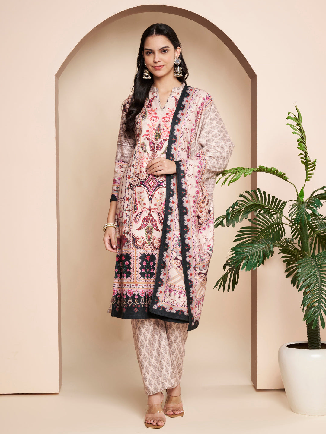 Winter Printed Handwork Kurta with Pant & Shawl