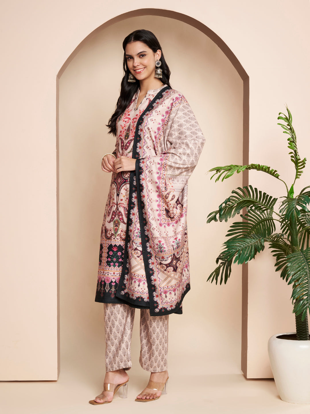 Winter Printed Handwork Kurta with Pant & Shawl