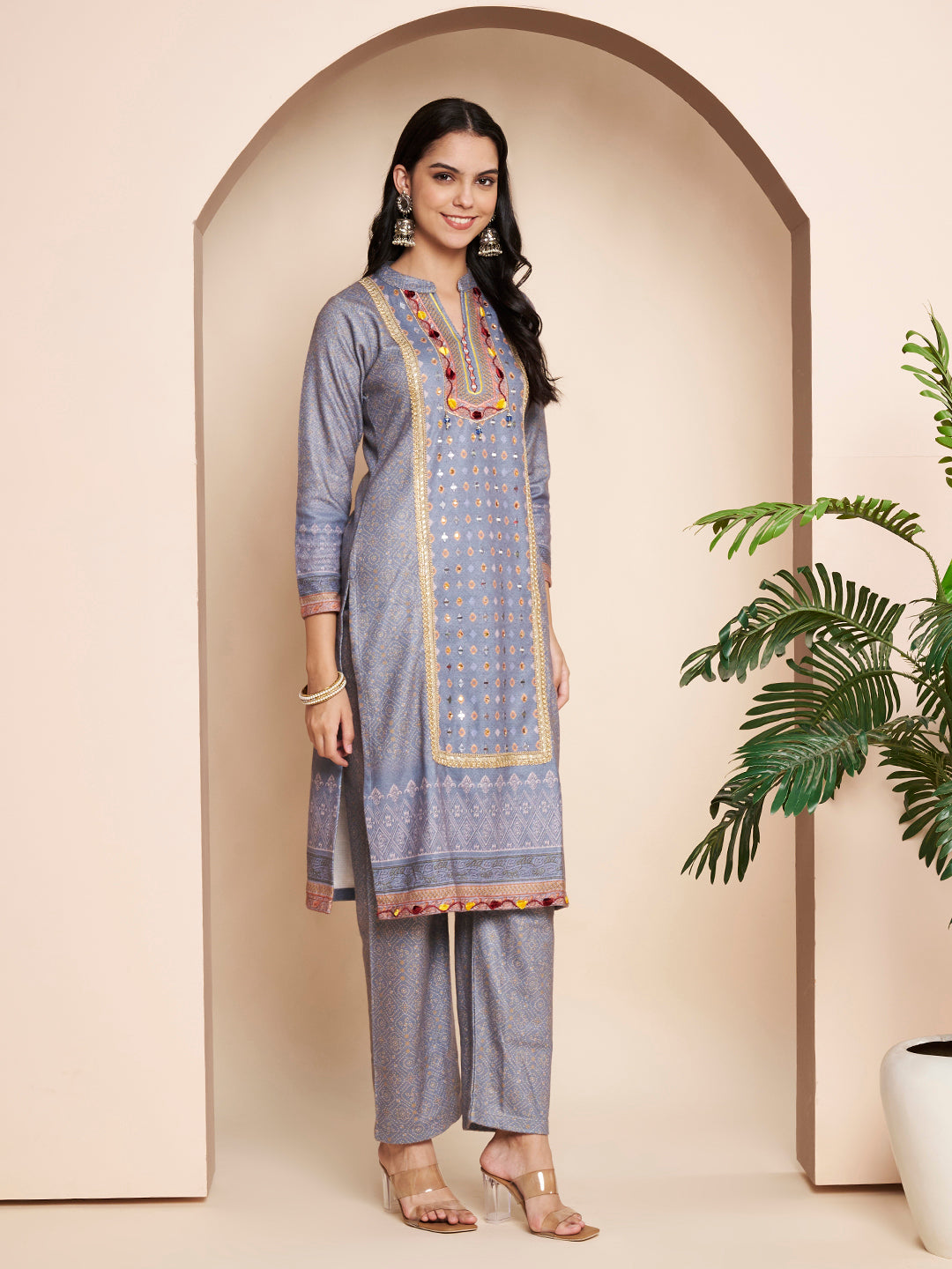 Winter Printed Handwork Kurta with Pant & Shawl