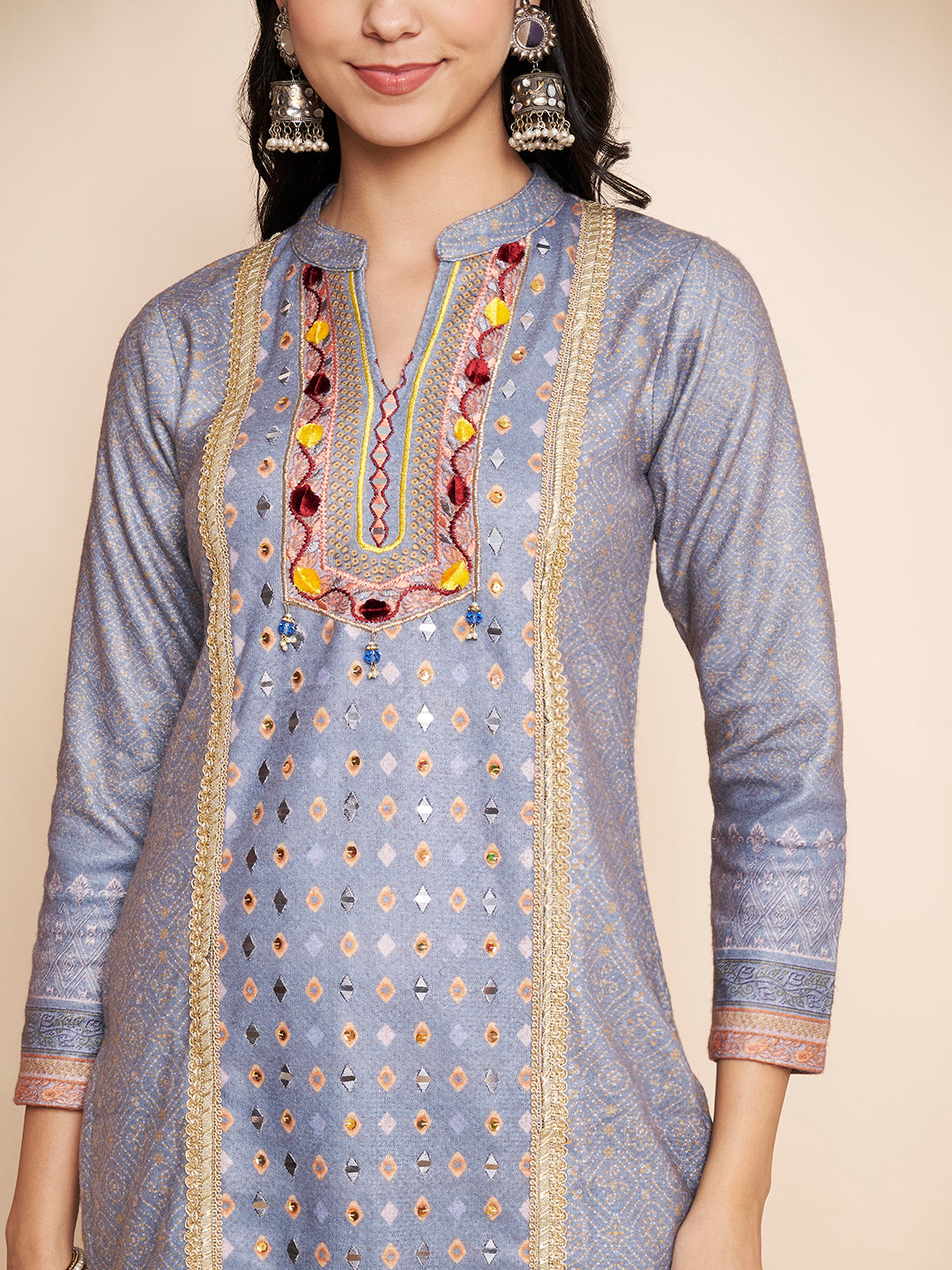 Winter Printed Handwork Kurta with Pant & Shawl