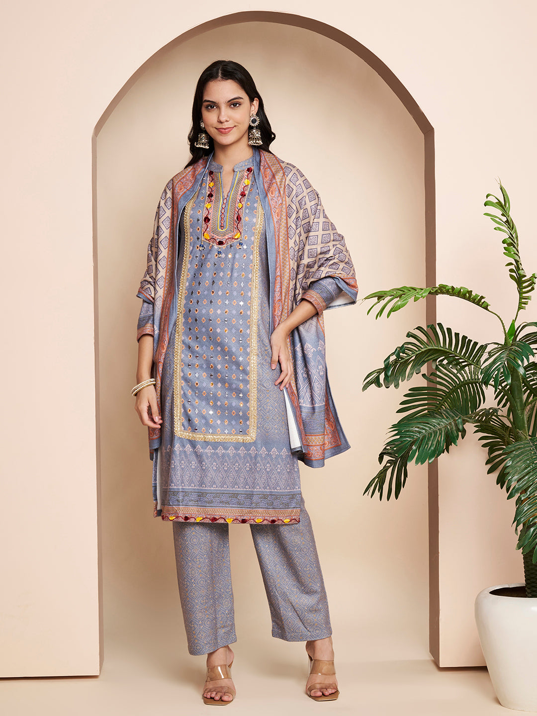 Winter Printed Handwork Kurta with Pant & Shawl