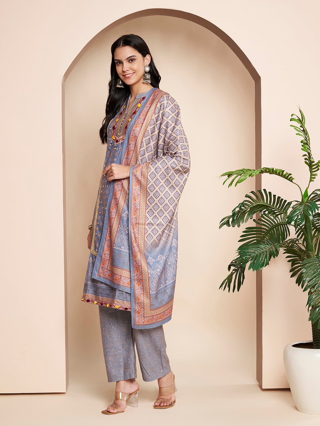 Winter Printed Handwork Kurta with Pant & Shawl