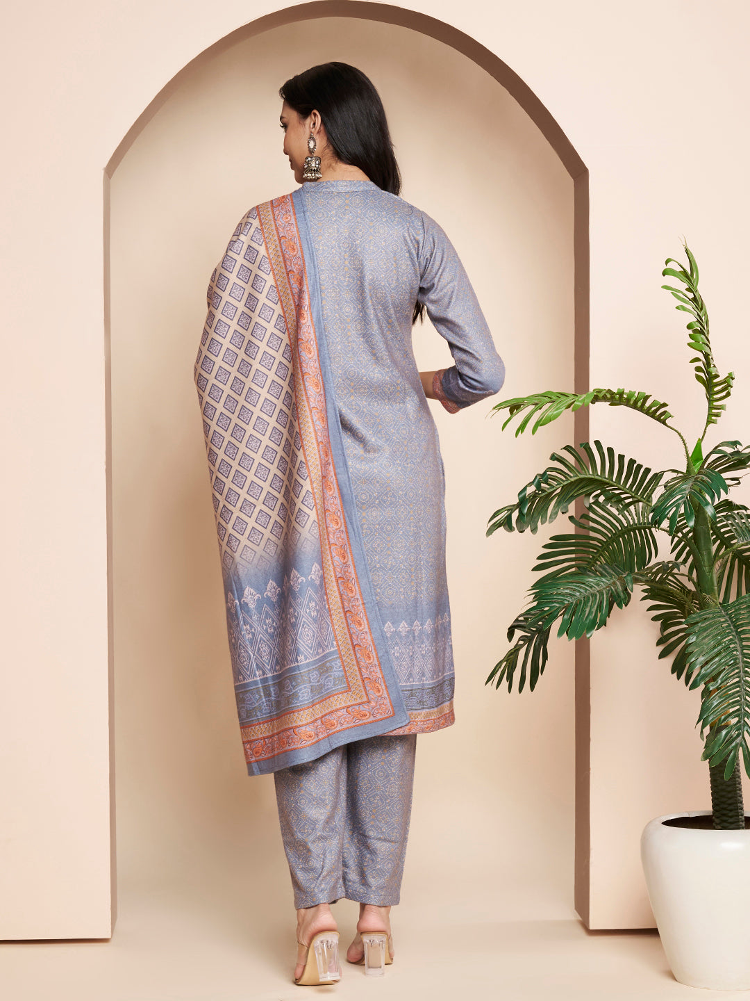 Winter Printed Handwork Kurta with Pant & Shawl