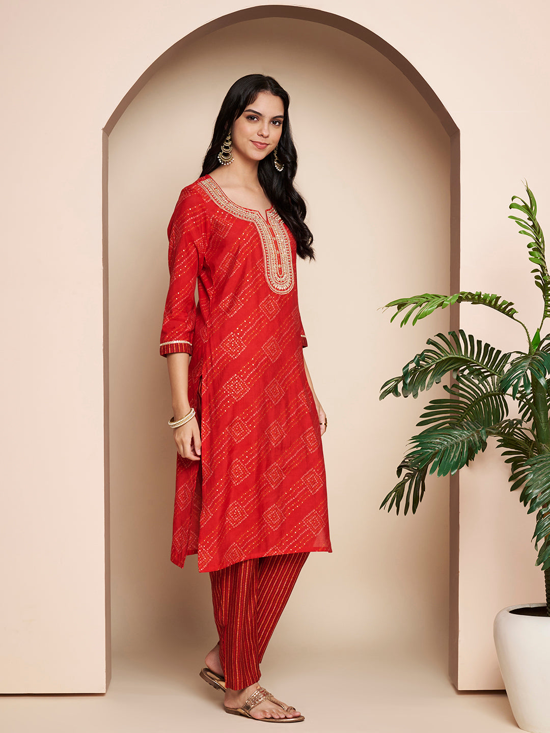 Red Embroidered Kurta Set with Pant & Dupatta